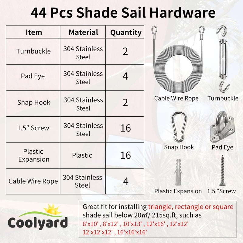 COOLYARD Shade Sail Hardware Kit with Cable Wire Rope,48 Ft (12Ftx4) Vinyl Coated Aircraft Cable,6 Inch Hanging Kit for Outdoor Curtain String Light Sun Shade Sails Installation - Image 2
